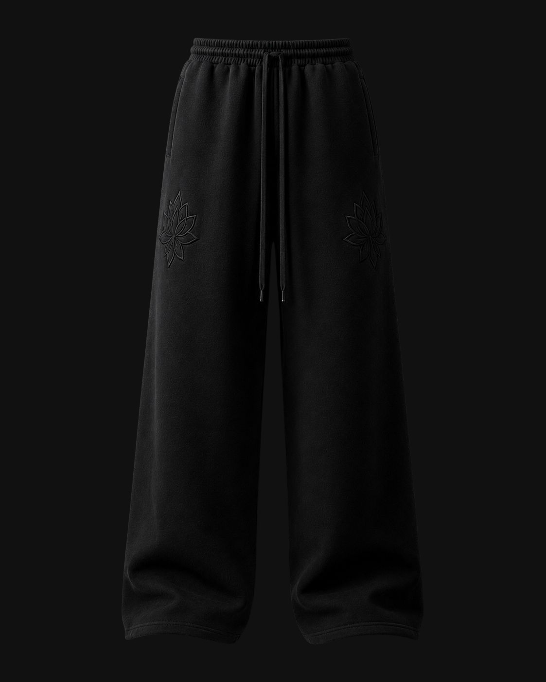 Genesis bottoms in black, wide-leg with tonal embroidery