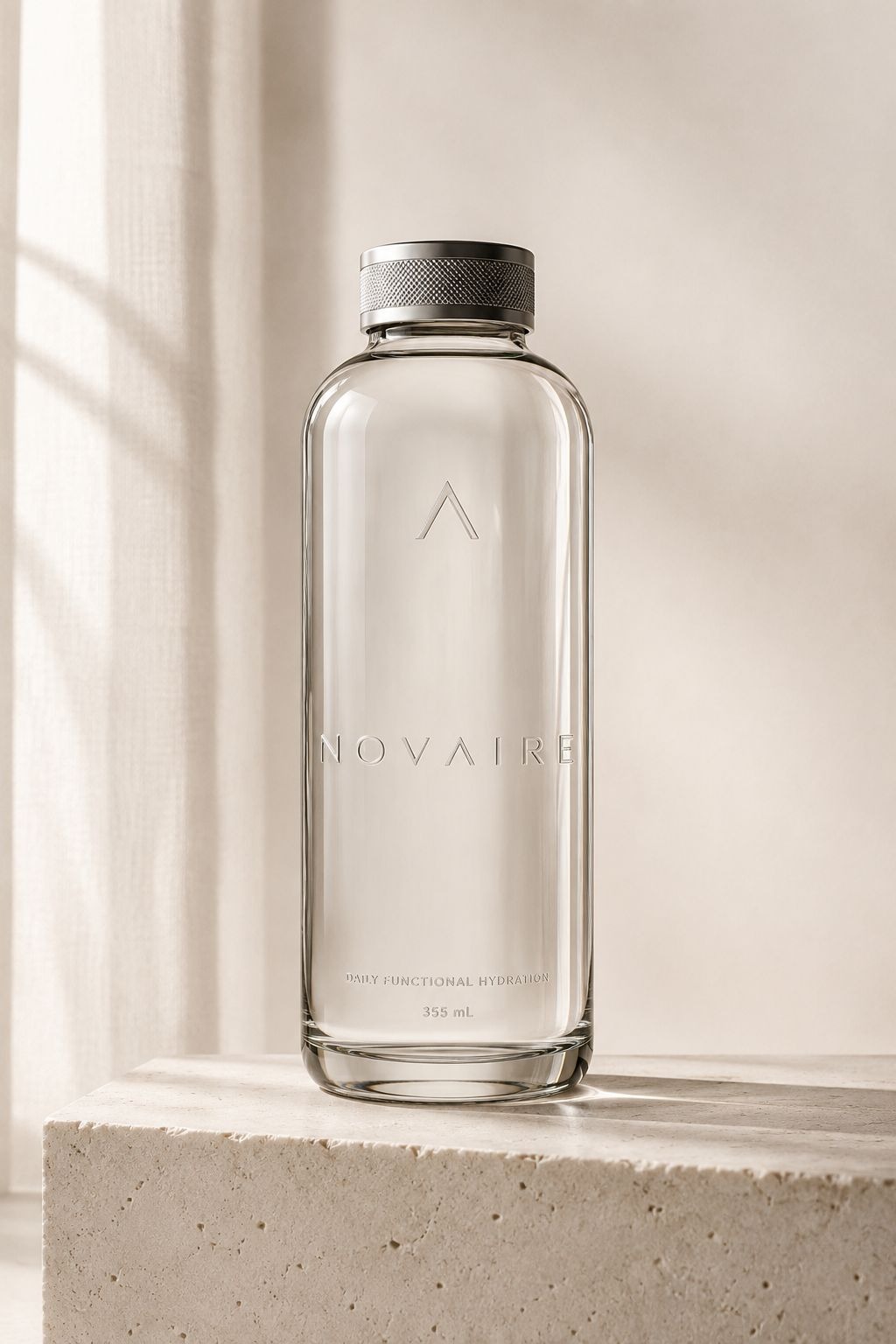 L'Eau Originelle — NOVAIRE glass hydration bottle, 355 mL